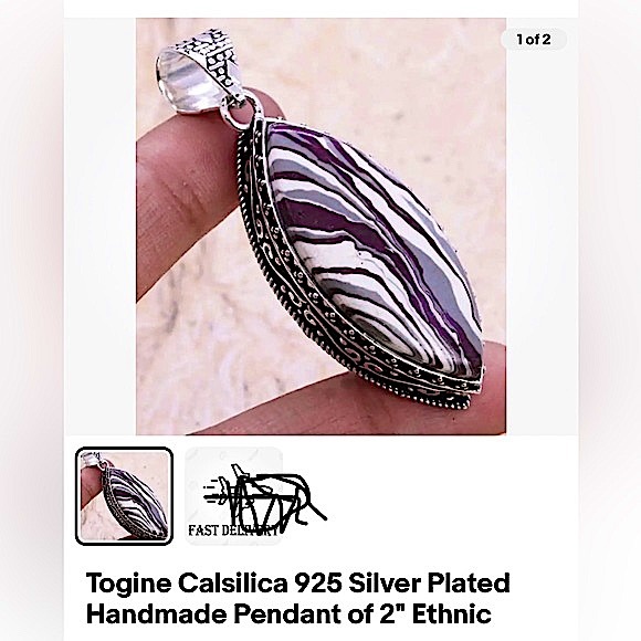 togine Calsilica pendant 925 sterling silver plated artisan 2" India tribal B&W - Picture 1 of 6